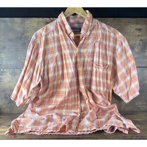 Premier Men's Size XL Button Down Short Slevee Shirt Plaid Orange & White Tones